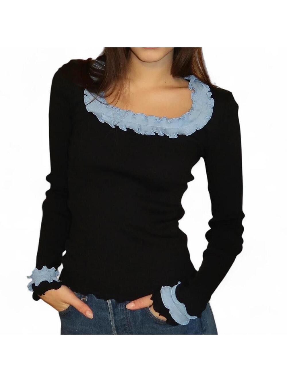 Cute Black long sleeve top with blue ruffles (NWT)